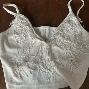 White Feathered Crop Top by Shein